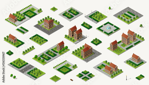 Retro set isometric country college house municipal infrastructure and kit city educational objects