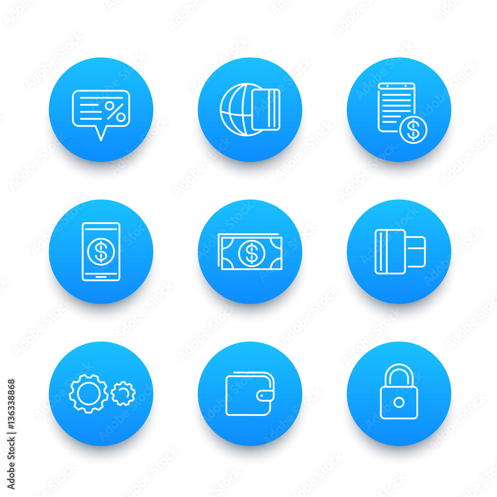 Payment methods line icons set, mobile electronic paying, money, credit card, wallet, cash