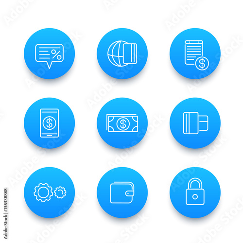 Payment methods line icons set, mobile electronic paying, money, credit card, wallet, cash