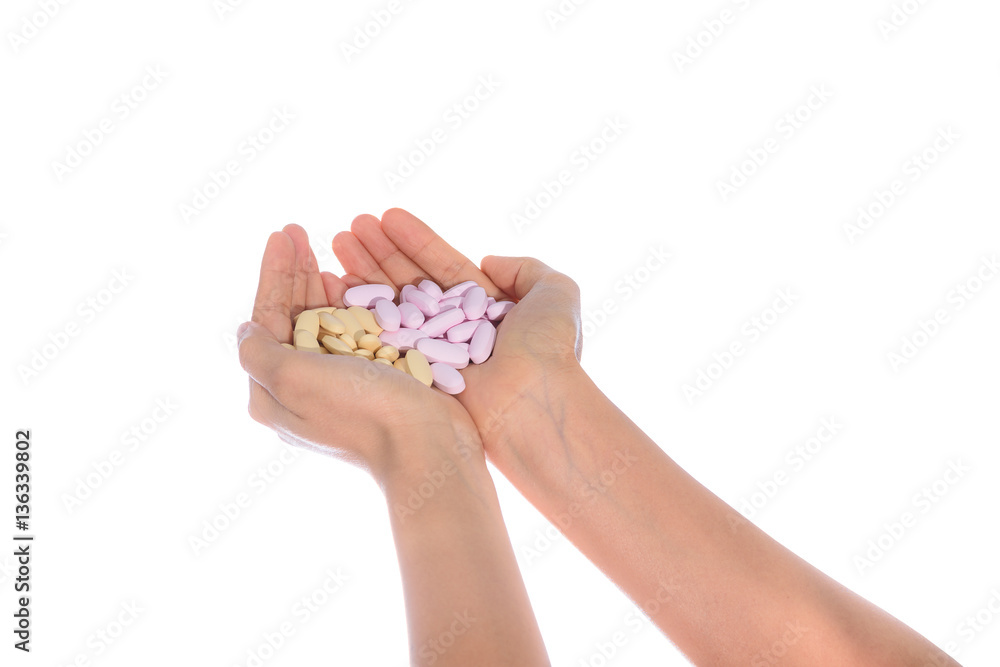 Medical pills on open hand isolated Medical pills on open hand isolated