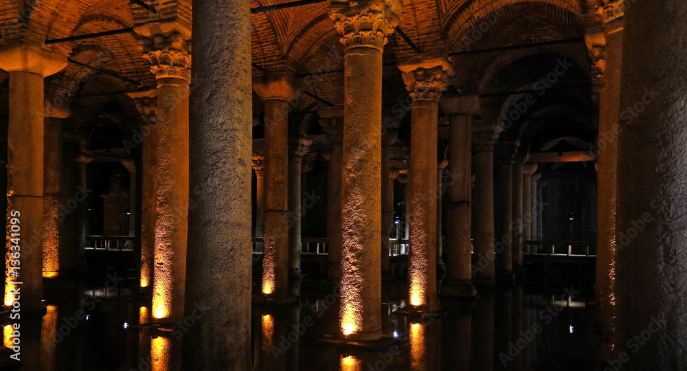 The Basilica Cistern - underground water reservoir build by Emperor Justinianus in 6th century, Istanbul, Turkey. The Basilica Cistern is one of the biggest tourist attractions in Istanbul.