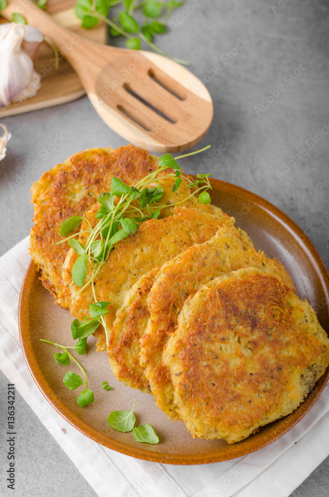 Delicious original schnitzel with potato pancakes Delicious original schnitzel with potato pancakes