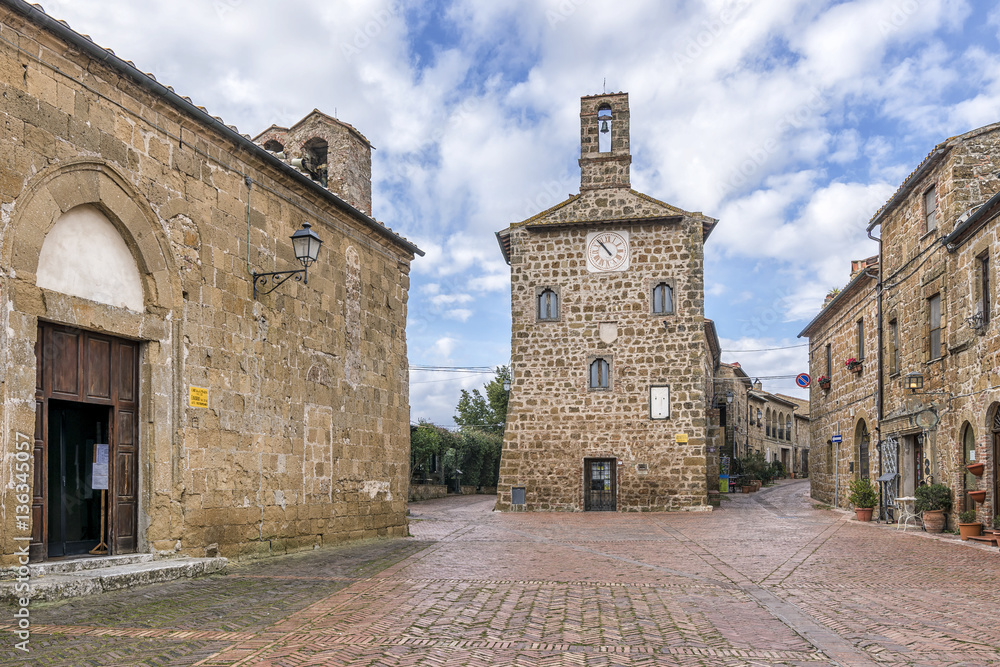 Stunning view of the Piazza del Pretorio and the Palazzo Comunale or the Archive, in the historic center of Sovana, Grosseto, Tuscany, Italy