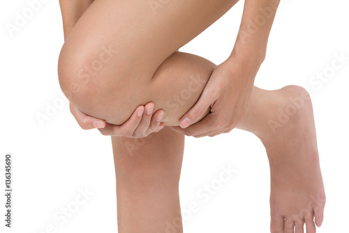 woman hold her leg with massage knee and calf in pain area isolated on white background