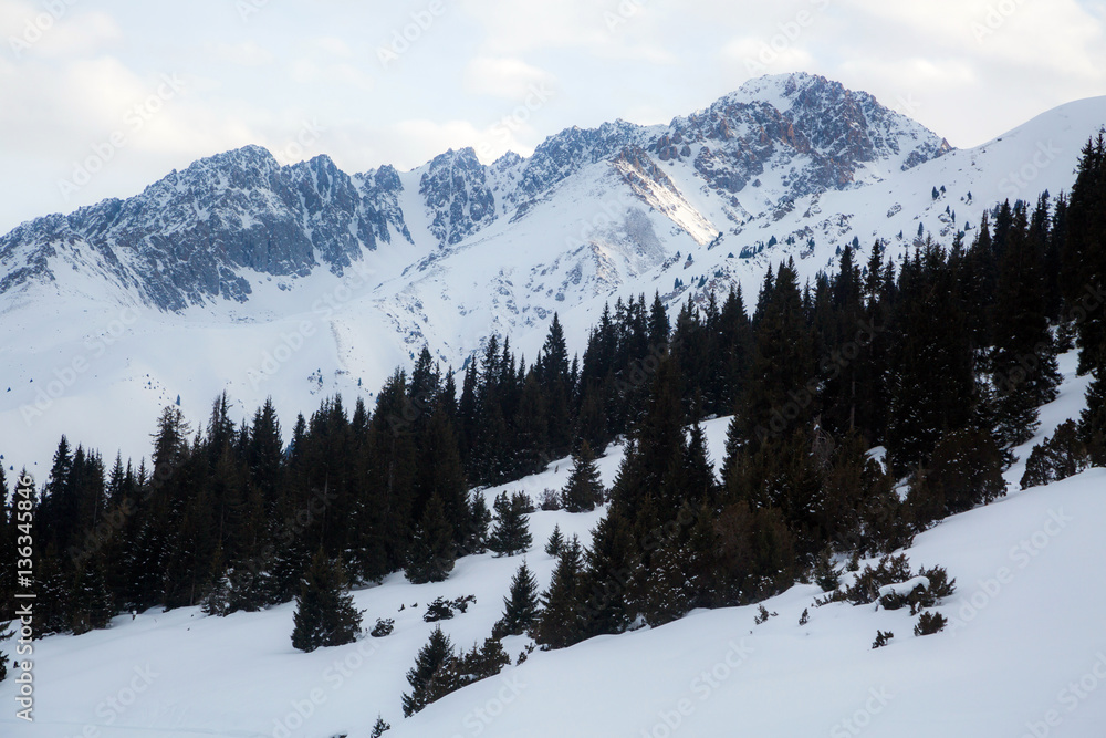 Beautiful snow mountain range landscape in Kyrgyzstan