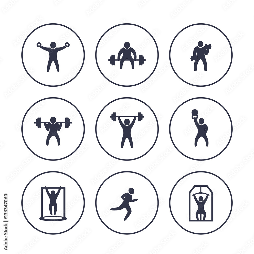 Gym, fitness exercises icons in circles over white, workout, training, bodybuilding, weightlifting, vector illustration