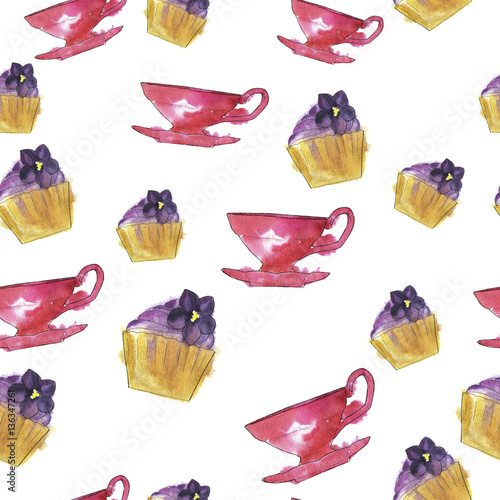 Seamless pattern with violet flower cupcakes and pink teacups on white background. Hand drawn watercolor illustration.