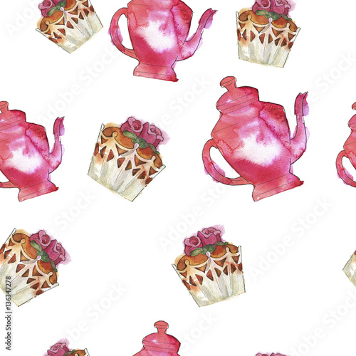 Seamless pattern with rose flower cupcakes and pink coffeepots  on white background. Hand drawn watercolor illustration. photo