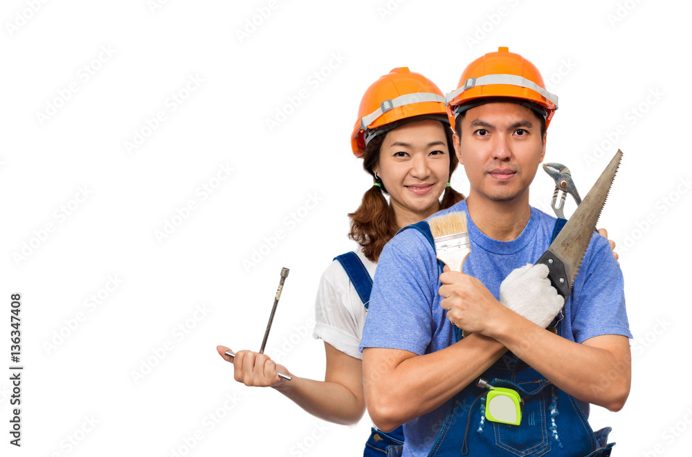 funny happy asian couple with repairing tools, isolated on white for Home Improvement, Renovation Set and DIY concept funny happy asian couple with repairing tools, isolated on white for Home Improvement, Renovation Set and DIY concept