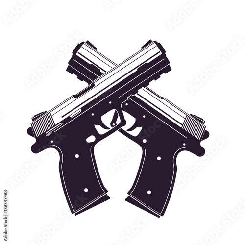 modern pistols, two crossed handguns isolated over white