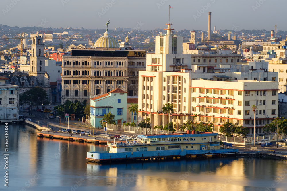 Old Havana at dawn with a view of the bay and several landmarks