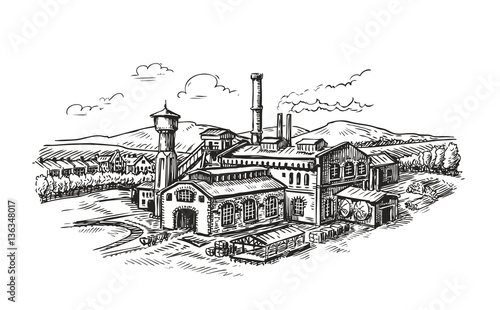 Industrial plant, factory sketch. Vintage building vector illustration