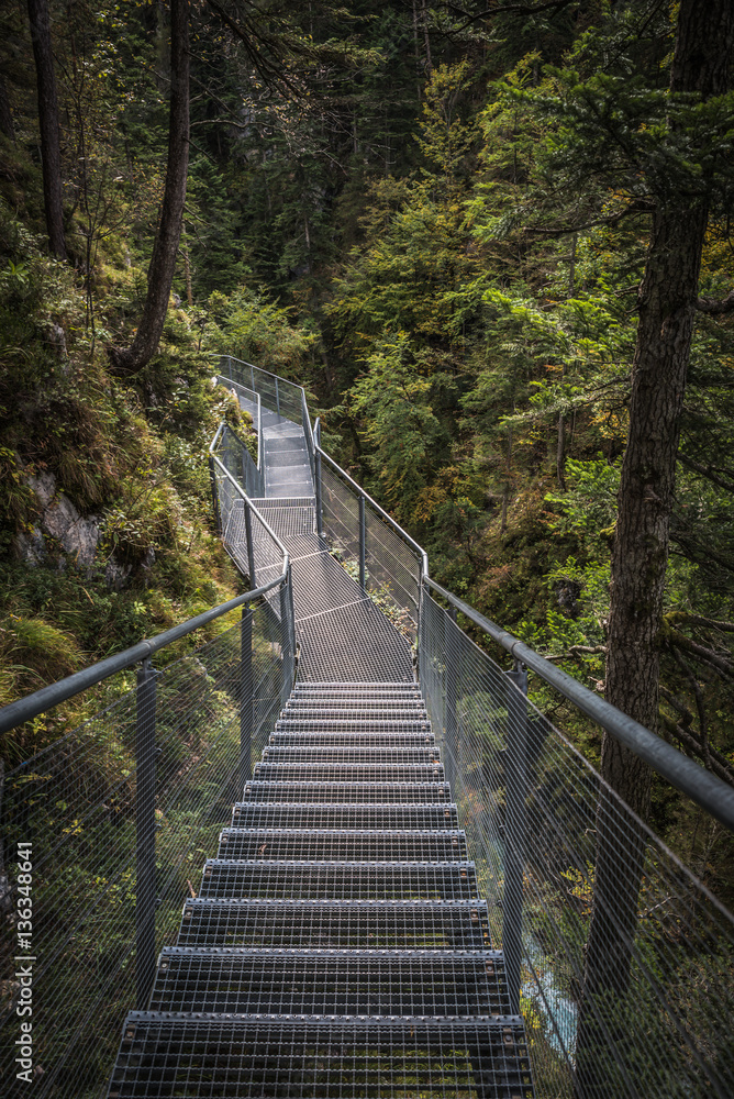 Leutaschklamm - wild gorge with river in the alps of Germany