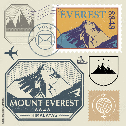 Post stamp set with the Mount Everest in the Himalayas