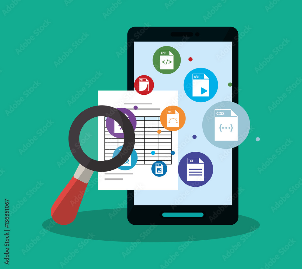 smartphone, magnifying glass and document pages. colorful design. vector illustration smartphone, magnifying glass and document pages. colorful design. vector illustration