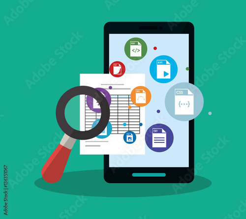 smartphone, magnifying glass and document pages. colorful design. vector illustration
