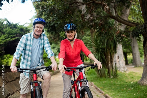 Portrait of senior couple standing with bicycle in park