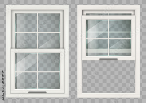 Wooden white rectangular lifting Sliding window with clear glass. Vector graphics