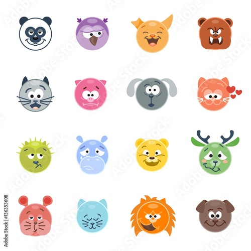 Set of animal emoticons. Vector illustration. Flat style