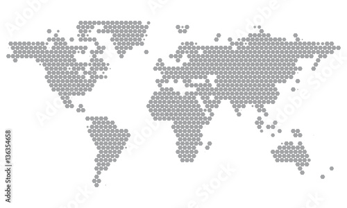 World Map Dotted in Grey Hexagons. Minimal White Grey Clean Look Background for Info Graphics or Apps. Perfect for Wall Art Poster Design. Vector Isolated Illustration.
