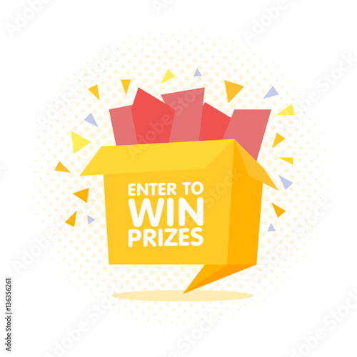 Enter to win prizes gift box. Cartoon origami style vector illustration