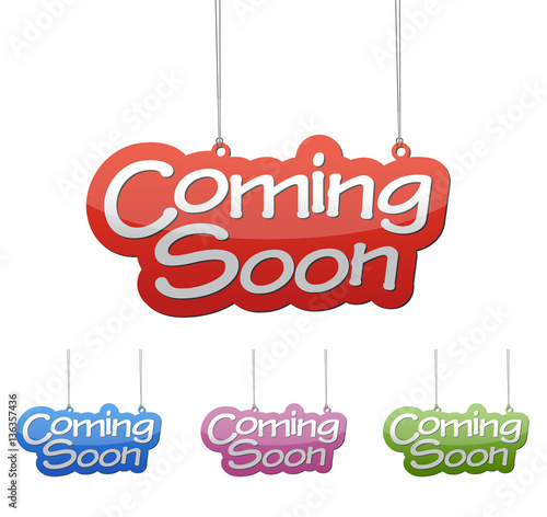 Set vector illustrations isolated tag banner coming soon in four color variant red, blue, purple and green. This element is wel adapted for web design.