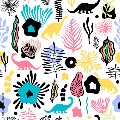 Vector seamless pattern with fantastic flowers and dinosaurs.
