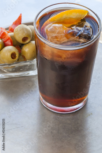 Vermouth, traditional Spanish appetizer with olives