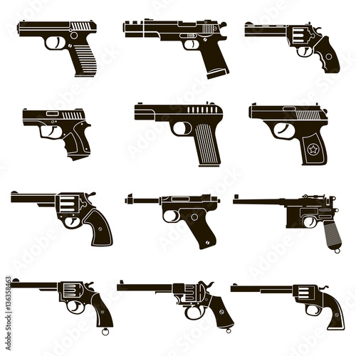 4 black and white posters with revolvers