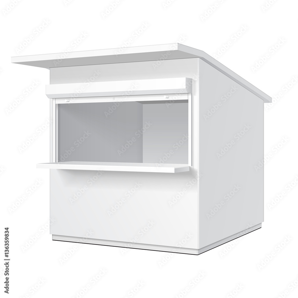 Promotional Or Trade Outdoor Kiosk, Stand, Newsstand. Open-fronted Hut Or Cubicle. Mock Up, Template. Illustration Isolated On White Background. Ready For Your Design. Product Advertising Vector EPS10 Promotional Or Trade Outdoor Kiosk, Stand, Newsstand. Open-fronted Hut Or Cubicle. Mock Up, Template. Illustration Isolated On White Background. Ready For Your Design. Product Advertising Vector EPS10