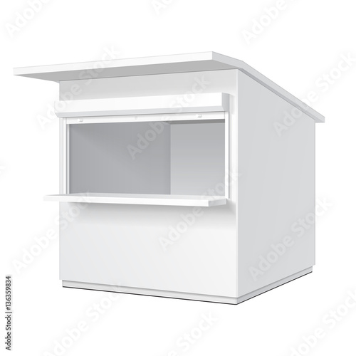 Promotional Or Trade Outdoor Kiosk, Stand, Newsstand. Open-fronted Hut Or Cubicle. Mock Up, Template. Illustration Isolated On White Background. Ready For Your Design. Product Advertising Vector EPS10