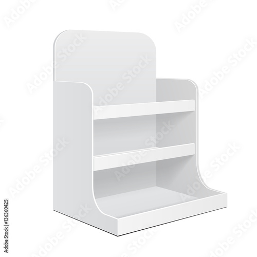 Display Cardboard Counter Shelf Holder Box POS POI Blank Empty. Mockup, Mock Up, Template. Products On White Background Isolated. Ready For Your Design. Mockup Product Packing. Vector EPS10