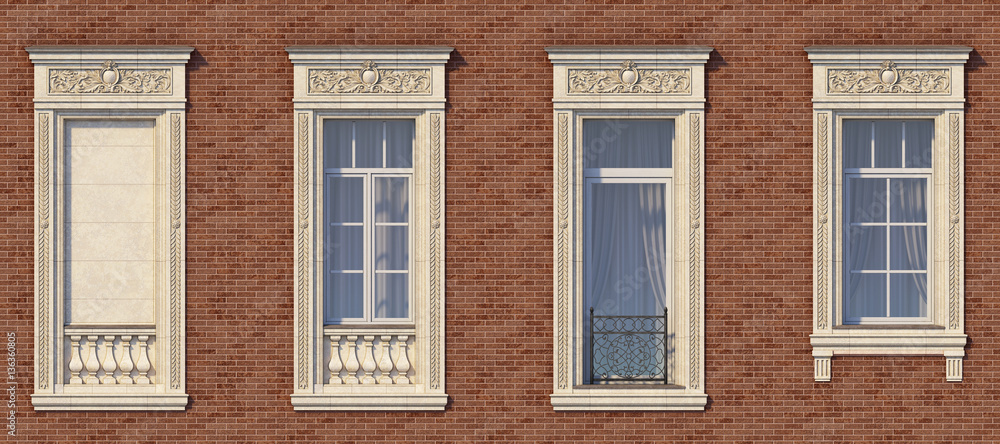 Framing of windows in classic style on the brick wall of red color. 3d rendering.