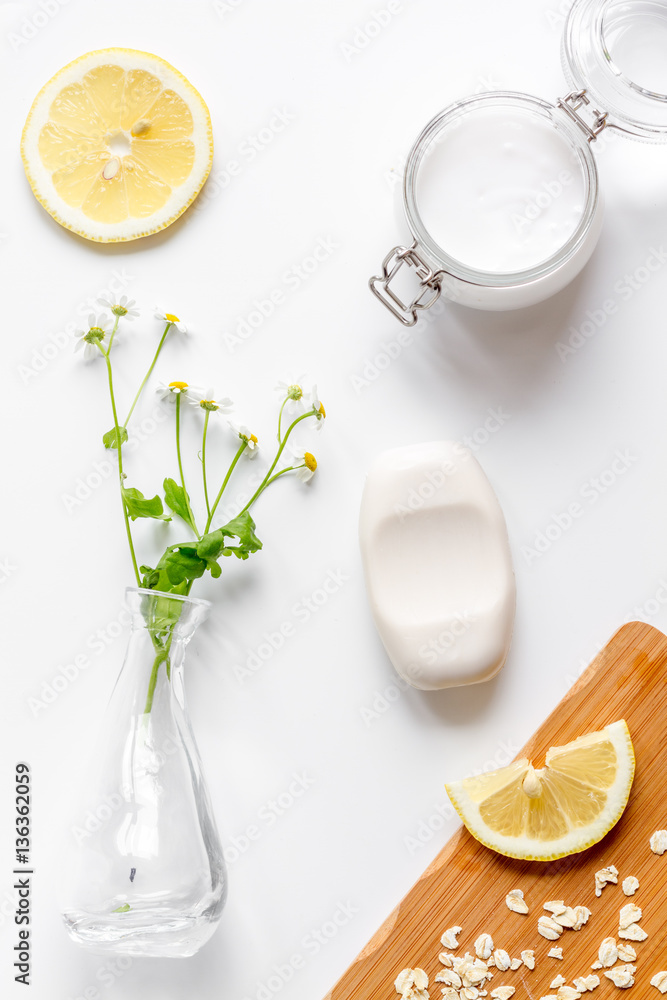 natural organic cosmetics for baby on white background top view natural organic cosmetics for baby on white background top view