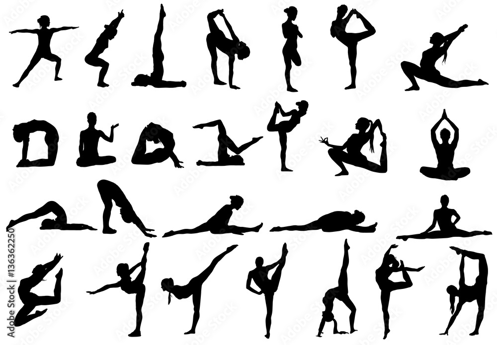 Woman makes yoga exercise. Vector silhouette. Vector images set (collection)