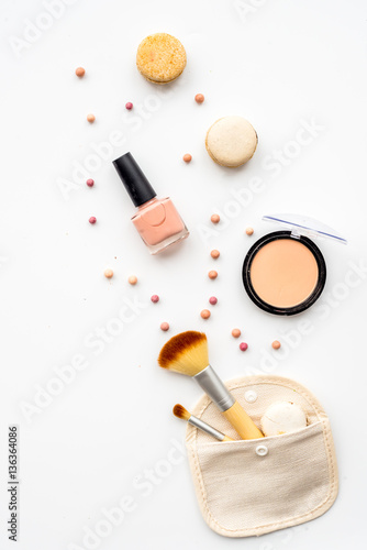 decorative cosmetics on white background top view