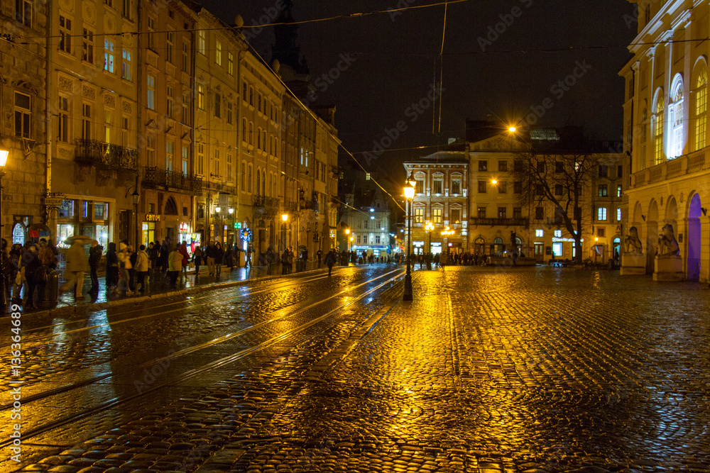 Night Rynok square in Lviv (Ukraine). February 2016