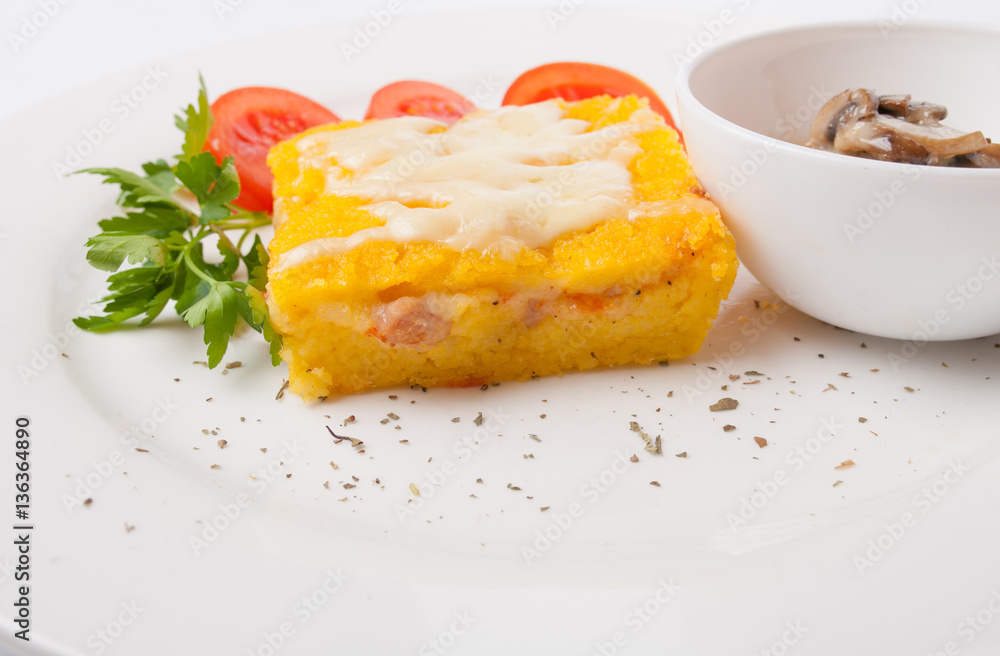 Corn casserole with mushroom sauce