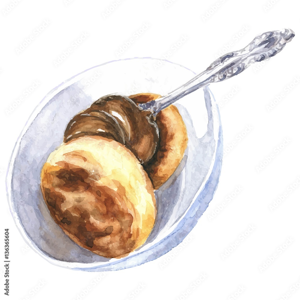 Φωτογραφία Hand drawn watercolor delicious curdle fritter with chocolate paste and tea spoon in a bowl, realistic food vector illustration, isolated on white background