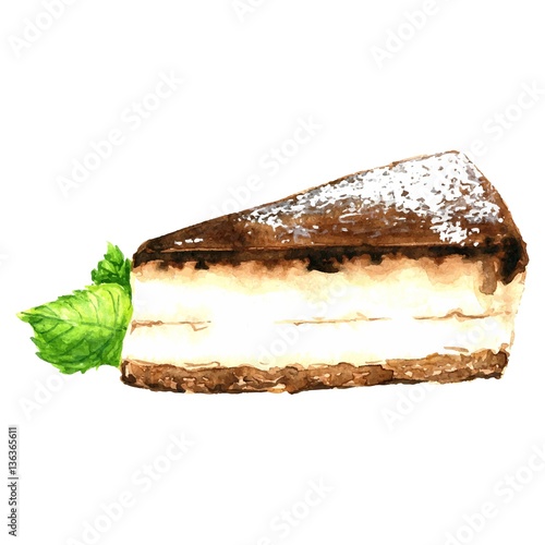 Hand drawn watercolor delicious slice of cheesecake with chocolate and mint leaves, realistic food vector illustration, isolated on white background.