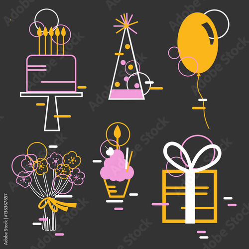 Birthday set. Balloon, cake with candles, cupcake,  gift, flowers.  Vector illustration.