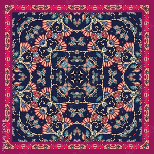 Bright shawl in ethnic style with ornamental frame. Beautiful vector illustration. Square pattern. Festive tablecloth. Ceramic tile.