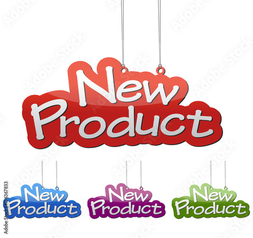 Set vector illustrations isolated tag banner new product in four color variant red, blue, purple and green. This element is wel adapted for web design.
