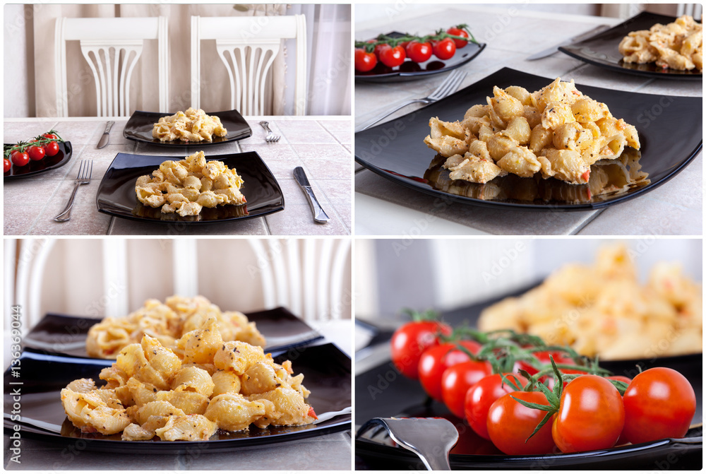 Collage of pasta , cherry tomatoes, on the dining table