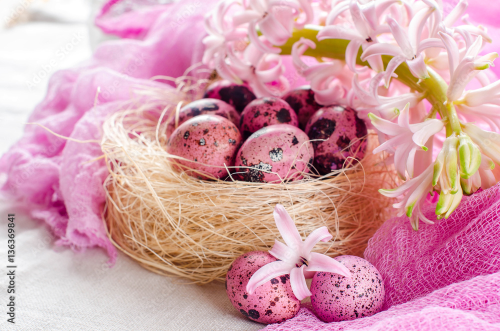 Easter background with pink hyacinth and decorative eggs. Easter background with pink hyacinth and decorative eggs.