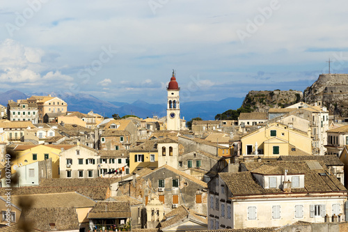 Aerial view from New fortress on the city with St. Spyridon church before sunset, Kerkyra, Corfu island, Greece