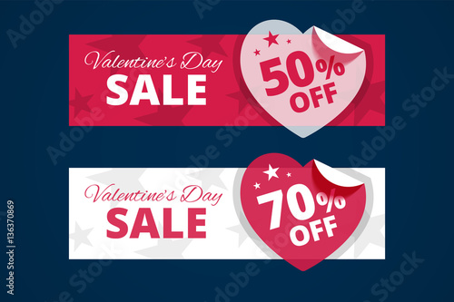 Valentines day sale banners. Red and white versions with transparent paper hearts. 50 and 70 percents off. Vector illustration.