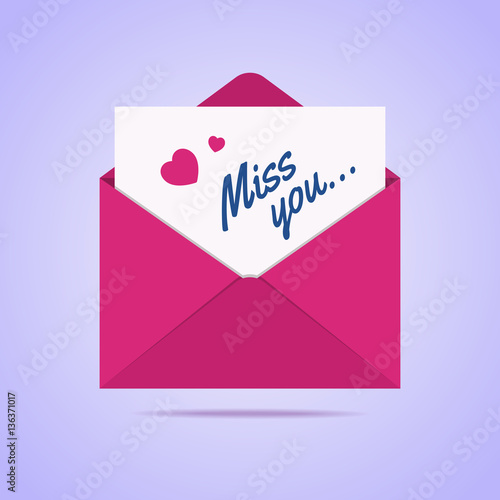 Envelope icon with miss you letter. Heart shapes with text on a paper. Vector illustration in flat style.