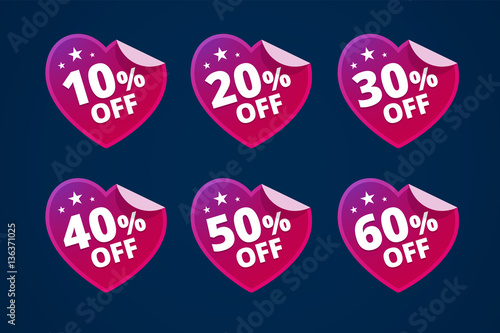 Paper hearts with discounts. Stickers for sale. From 10, 20, 30, 40, 50 and 60 persents off. Vector illustration.
