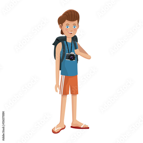 young guy with a camera around his neck over white background. colorful design. vector illustration